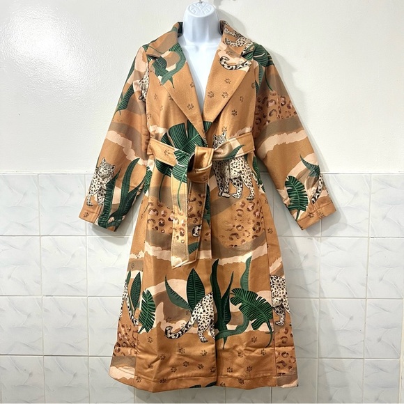 Las Surenas Wool Trench Coat Camel Beige Leopard Jungle Safari Nature Size M - Picture 1 of 15